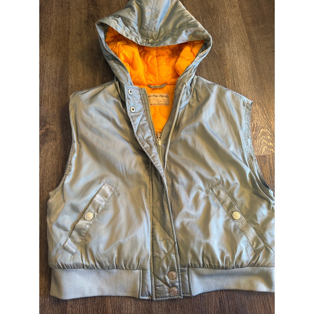 We The Free Free People Grey Orange Quilted Hooded Bomber Vest Small